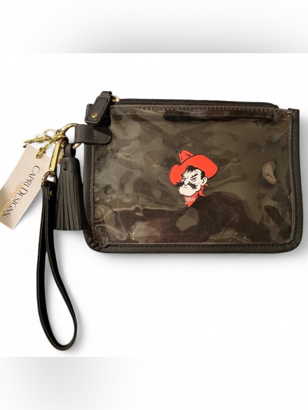 Oklahoma State University NWT CLEAR wristlet with Pistol Pete decal. 8”x5.5”